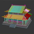 Two Story Ancient Chinese Traditional Building With Red Tile Roof Overhanging Eaves And Stone Steps