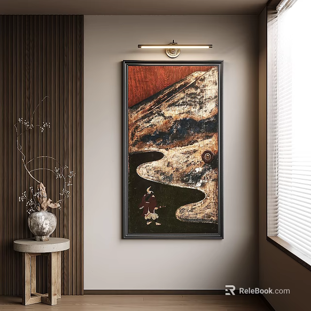 Modern Interior With Landscape Wall Painting Decorative Vase And Window Blinds 3d model