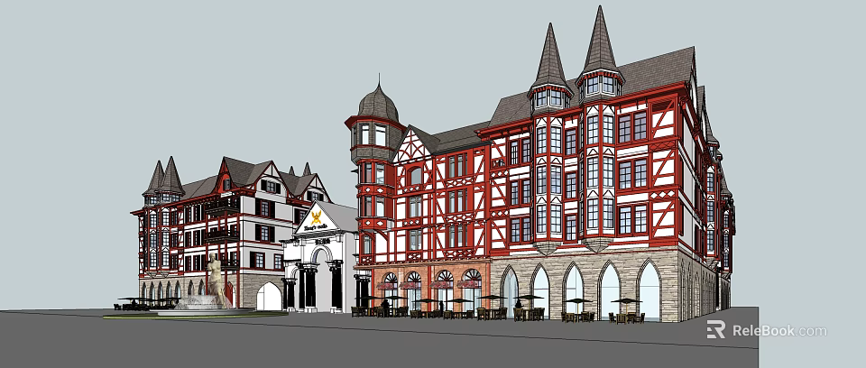 Charming European Style Commercial Street With Gabled Roofs Red White Facades And Outdoor Dining Areas 3d model 