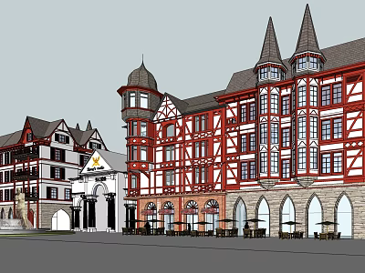 Charming European Style Commercial Street With Gabled Roofs Red White Facades And Outdoor Dining Areas 3d model