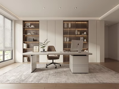 Modern Home Office Interior Design With Large Windows Built in Lit Bookshelves Desk And Chair 3d model