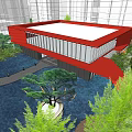Modern Red Sales Office Building With Large Glass Windows Water Feature Stone Pathway And Greenery