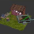 Rustic Outdoor Scene With Wooden Shed Stacked Logs Workbench Stump And Trailer On Green Grass