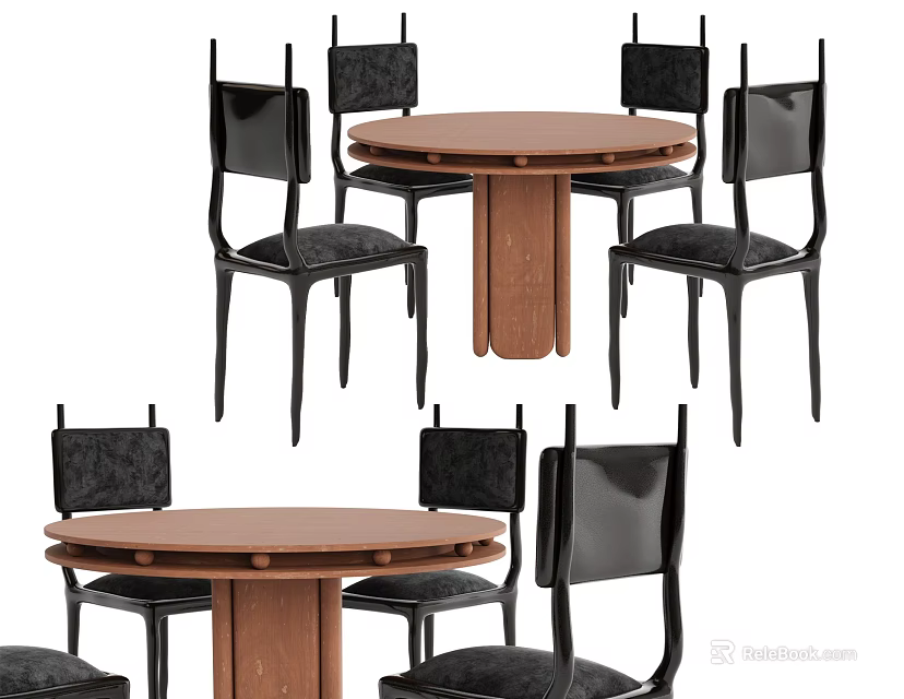 Round Wooden Dining Table Set With Black Upholstered Chairs And Modern Home Design 3d model 