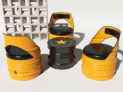 Unique Barrel Shaped Table And Chairs Set With Yellow Black Accents And Star Pattern Tabletop 3d model