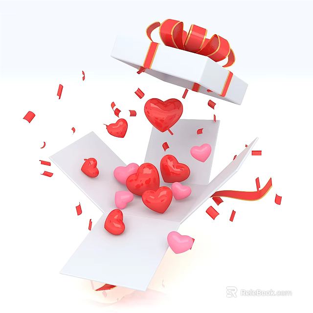 Open White Gift Box With Flying Red Pink Hearts Ribbons And Confetti 3d model 