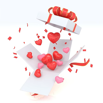 Open White Gift Box With Flying Red Pink Hearts Ribbons And Confetti 3d model Open White Gift Box With Flying Red Pink Hearts Ribbons And Confetti 3d model