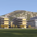 Modern School Building Featuring Teaching Wing Inscribed Wall Trees and Mountain Backdrop Under Blue Sky 3d model