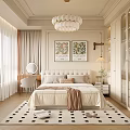 Serene Bedroom Interior with Neutral Tones Chandelier Artwork Bed Rug Dressing Table and Window Curtains