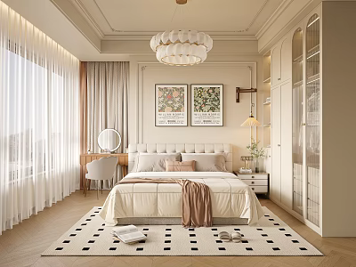 Serene Bedroom Interior with Neutral Tones Chandelier Artwork Bed Rug Dressing Table and Window Curtains 3d model