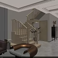 Modern Wooden Staircase in Light Colored Interior With Sofa Plant and Cabinet