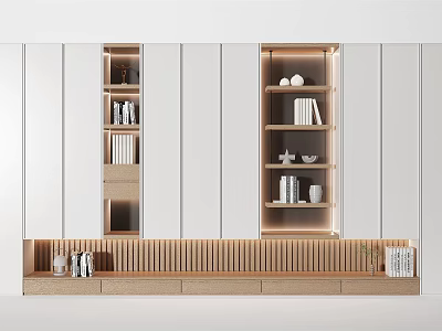 Modern Decorative Cabinet Featuring White Doors Wooden Base Open Shelves with Books Decorations and Lighting 3d model