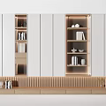Modern Decorative Cabinet Featuring White Doors Wooden Base Open Shelves with Books Decorations and Lighting