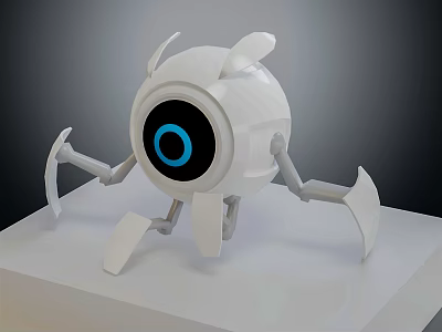 Smart Robot With White Spherical Body Blue Circular Eye And Mechanical Arms On White Platform 3d model