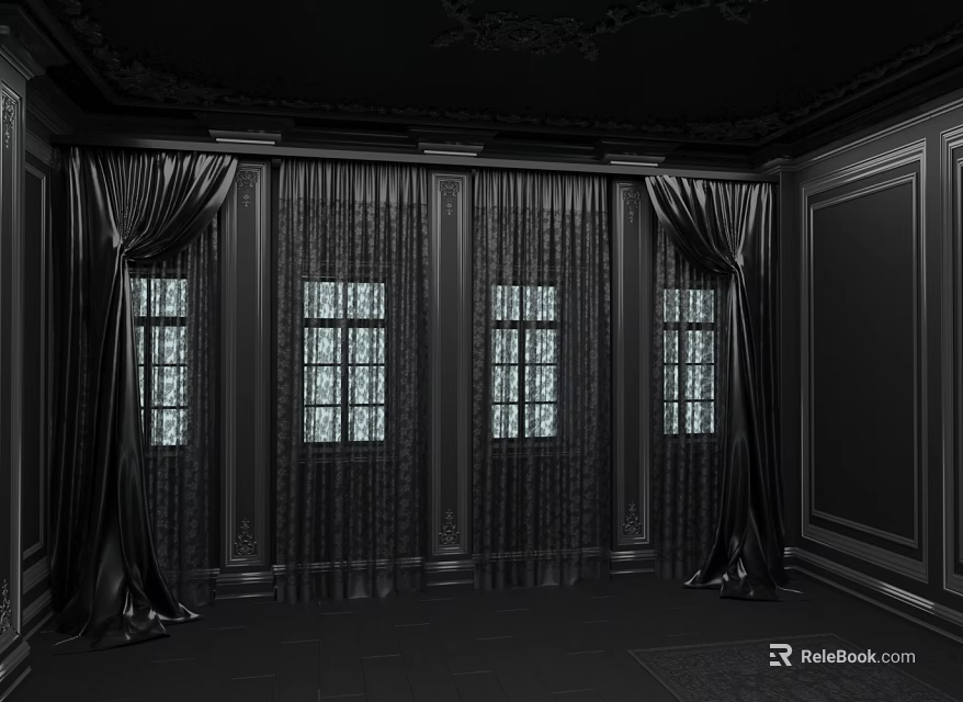 Elegant Black Room Interior With Four Windows Curtains And Decorative Walls 3d model 
