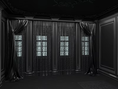 Elegant Black Room Interior With Four Windows Curtains And Decorative Walls 3d model