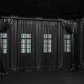 Elegant Black Room Interior With Four Windows Curtains And Decorative Walls