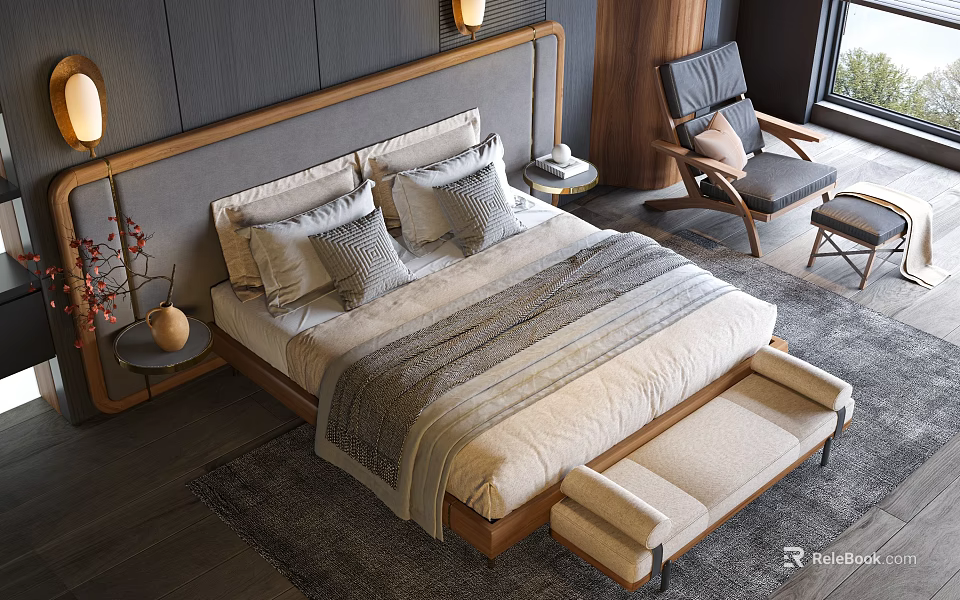 Modern Double Bed With Wooden Headboard Gray Beige Bedding And Wooden Bench On Gray Carpet 3d model 