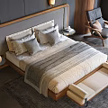 Modern Double Bed With Wooden Headboard Gray Beige Bedding And Wooden Bench On Gray Carpet