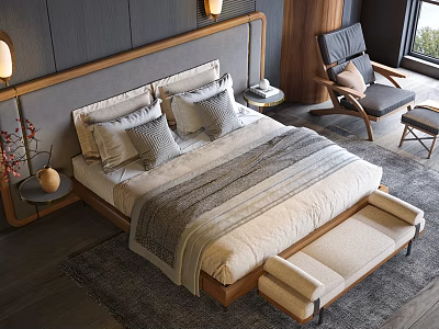 Modern Double Bed With Wooden Headboard Gray Beige Bedding And Wooden Bench On Gray Carpet 3d model