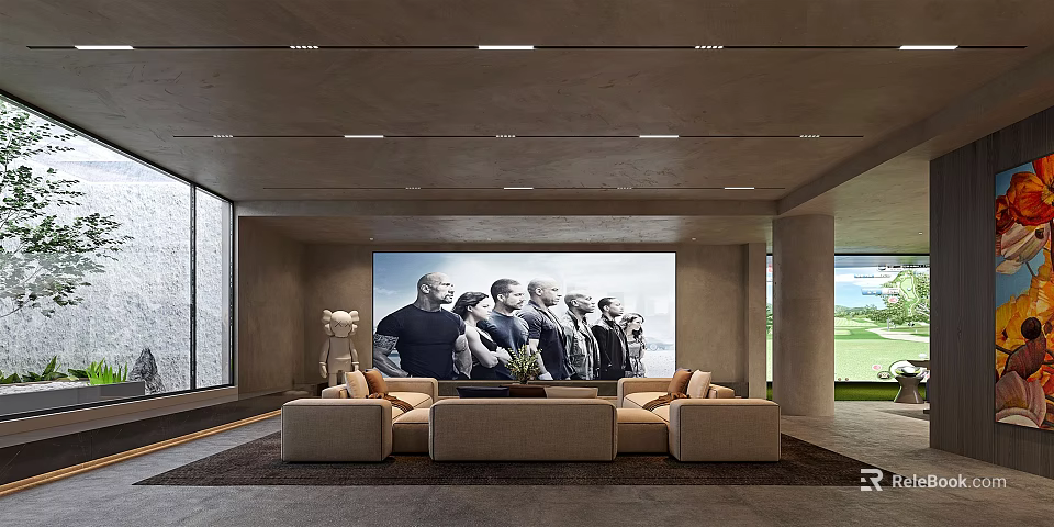 Modern Home Theater Room With Large Projection Screen Comfortable Sofas And Recessed Ceiling Lights 3d model 