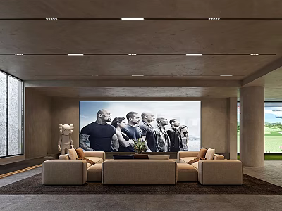 Modern Home Theater Room With Large Projection Screen Comfortable Sofas And Recessed Ceiling Lights 3d model