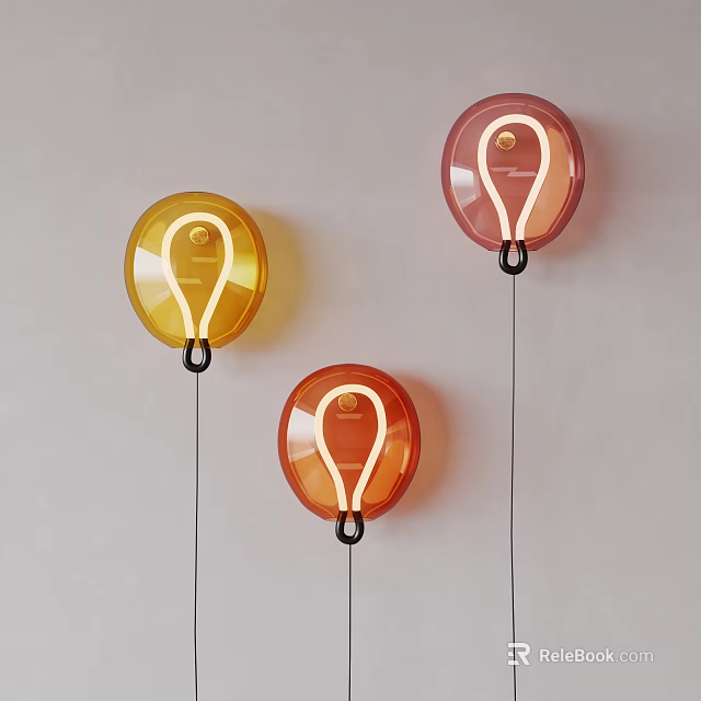 Colorful Round Wall Lamps With Bulb Shaped Design And Black Cords On White Background 3d model 