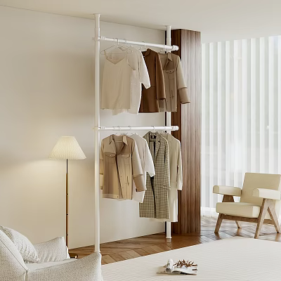 Minimalist Open Wardrobe With Hanging Clothes In Bright Room Near Floor Lamp And Chair 3d model