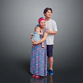 Cute Baby Child With Mother And Father In Family Portrait Against Gray Background