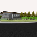 Modern Sales Center With Glass Curtain Wall Sloped Roof And Water Reflection