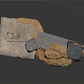 3D Scene Structure With Golden Gray Black Rocks And Metal Bridge Platform