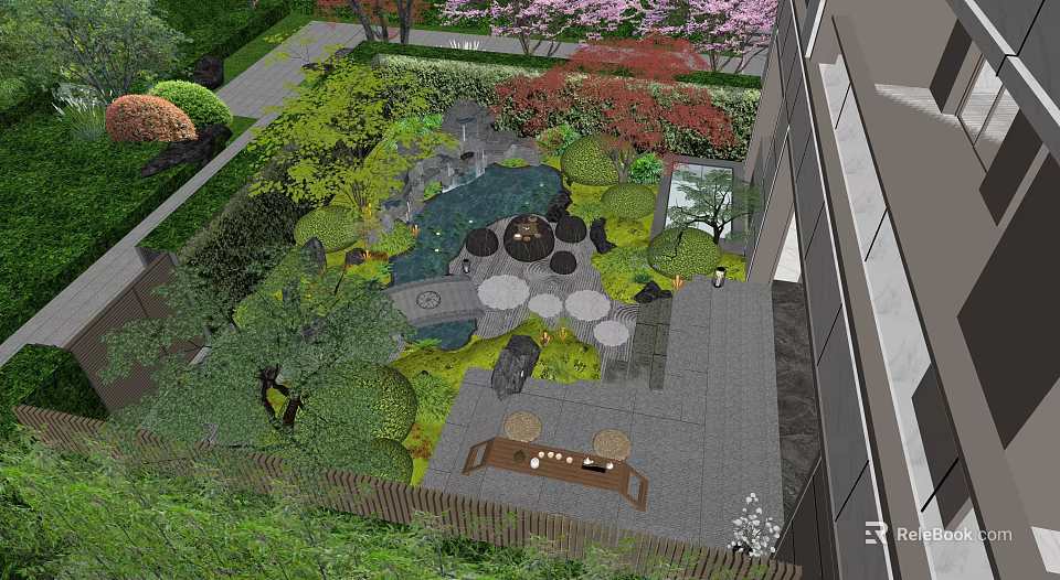 Serene Garden Landscape With Pond Stones Green Plants Trees And Stone Pathway 3d model 