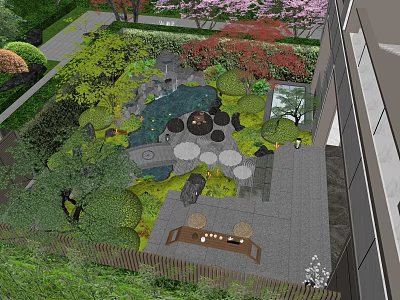 Serene Garden Landscape With Pond Stones Green Plants Trees And Stone Pathway 3d model