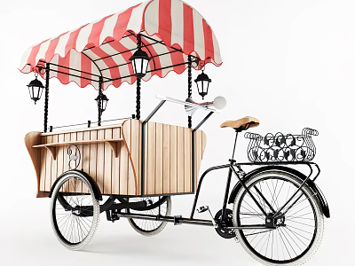 Functional Tricycle Utility Cart With Red And White Striped Canopy Wooden Carriage And Lanterns 3d model
