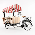 Functional Tricycle Utility Cart With Red And White Striped Canopy Wooden Carriage And Lanterns