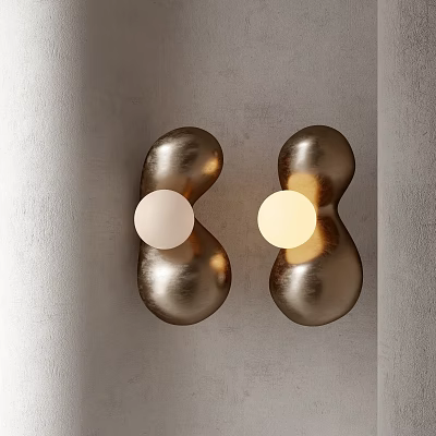 Unique Curved Metallic Wall Sconces Bronze Design White Lampshades on Gray Wall with Warm Light 3d model