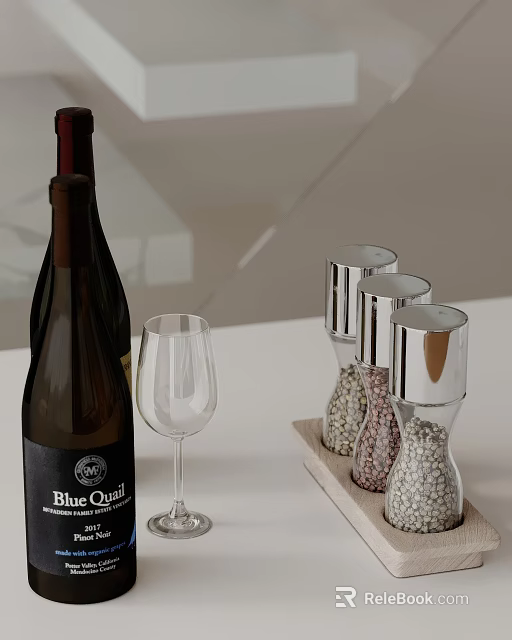 Dining Table Accessories With Wine Bottle Empty Glass And Salt Pepper Shakers On Wooden Tray 3d model 
