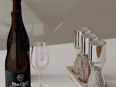 Dining Table Accessories With Wine Bottle Empty Glass And Salt Pepper Shakers On Wooden Tray 3d model
