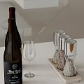 Dining Table Accessories With Wine Bottle Empty Glass And Salt Pepper Shakers On Wooden Tray