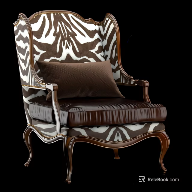 Elegant Leisure Chair With Zebra Pattern Upholstery Wooden Frame Brown Cushion And Ornate Legs 3d model 