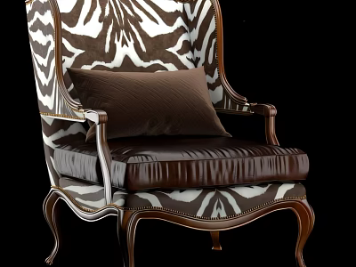 Elegant Leisure Chair With Zebra Pattern Upholstery Wooden Frame Brown Cushion And Ornate Legs 3d model