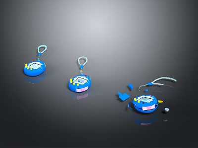Three Blue Circular Computer Accessories with Lanyard One Disassembled Showing Parts and Small Ball 3d model