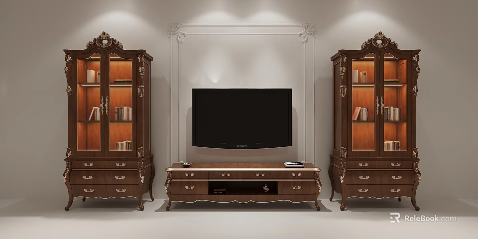 Classic Dark Brown TV Stand With Carved Details And Display Cabinets For Living Room 3d model 