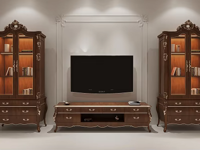 Classic Dark Brown TV Stand With Carved Details And Display Cabinets For Living Room 3d model