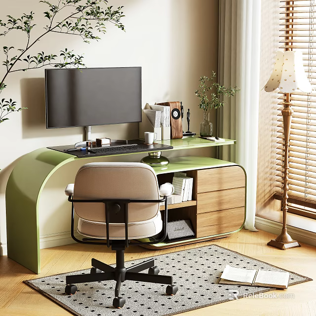 Modern Green Desk with Monitor Keyboard Speaker Plant Shelf and Chair 3d model 