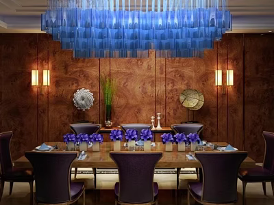 Elegant Luxury Dining Table Set With Purple Flowers Blue Chandelier And Wooden Wall Decorations 3d model