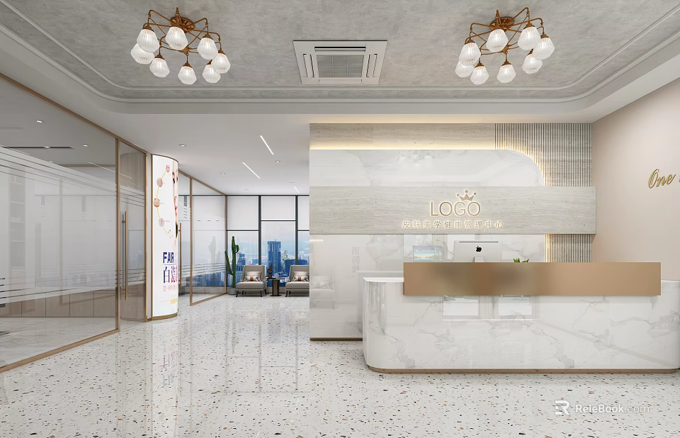 Elegant Modern Beauty Salon Interior With Marble Reception Counter And Chandeliers 3d model 