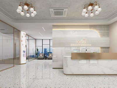 Elegant Modern Beauty Salon Interior With Marble Reception Counter And Chandeliers 3d model