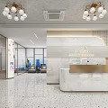Elegant Modern Beauty Salon Interior With Marble Reception Counter And Chandeliers