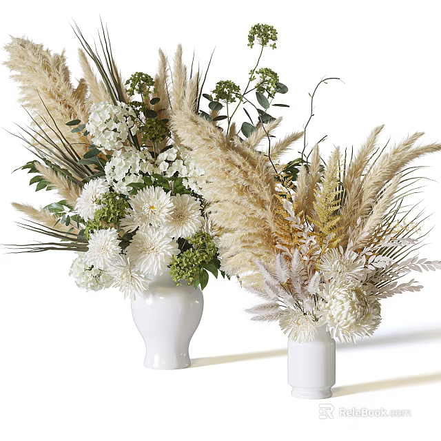 White Vases With White Flowers Green Leaves And Pampas Grass Natural Arrangement 3d model 